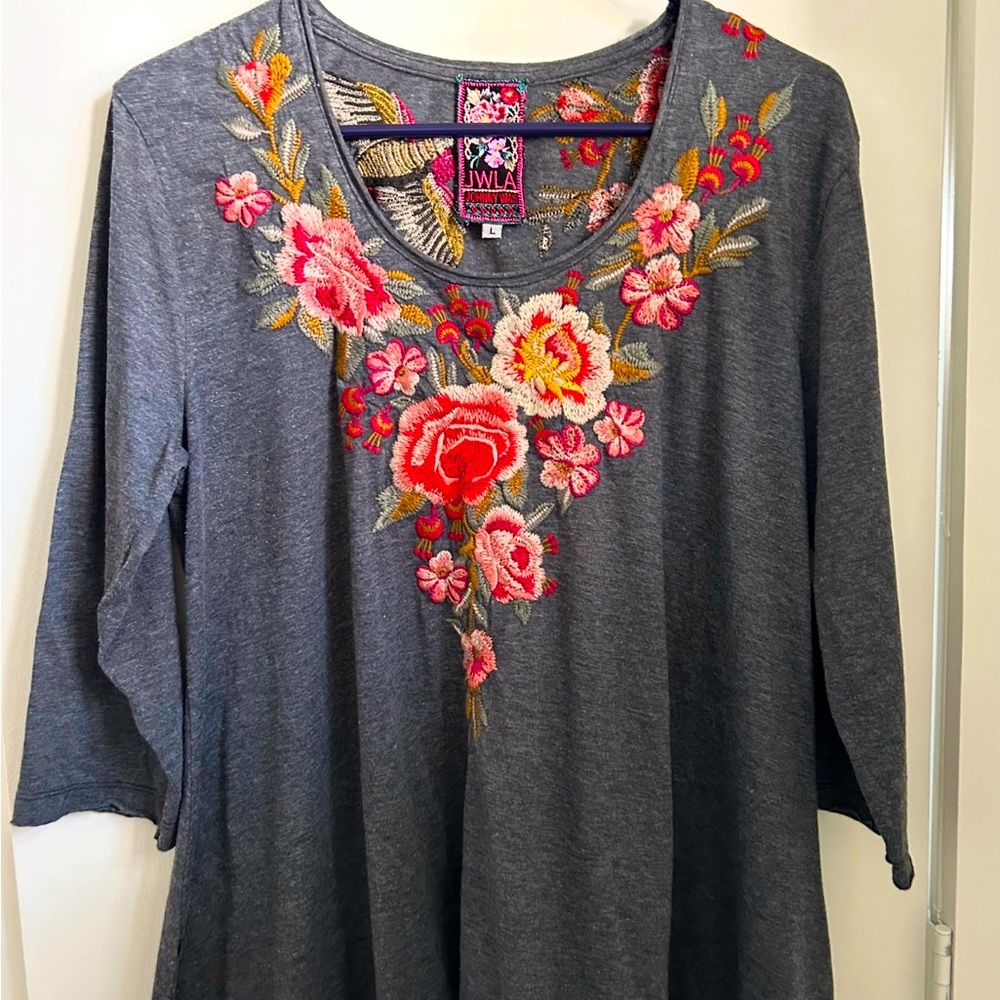 Johnny Was charcoal grey jersey tunic with embroidered front & back neckline.